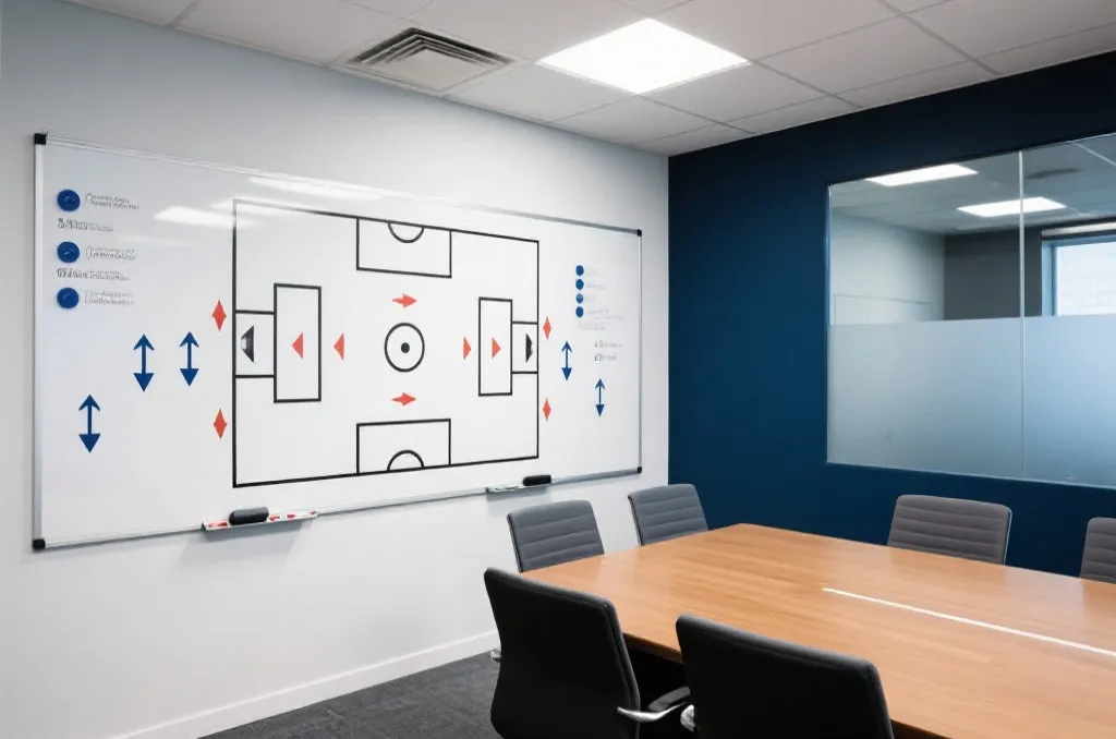 A modern tactics board inside a professional team meeting room, showing soccer formations and strategic arrows on a clean white board