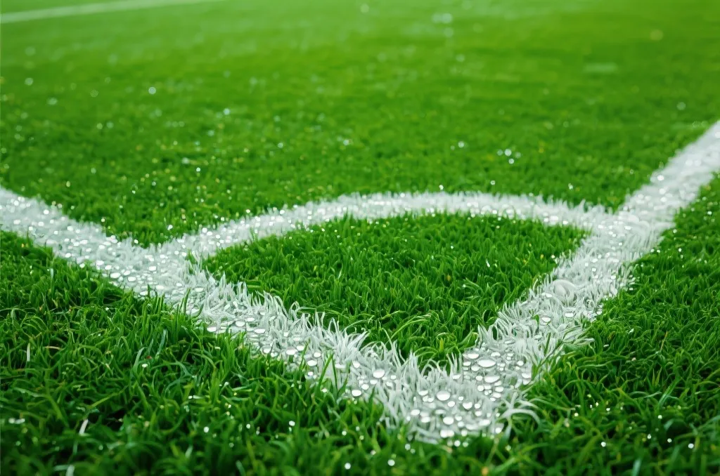 A close-up high angle shot of vibrant green natural grass pitch with white boundary lines and water droplets